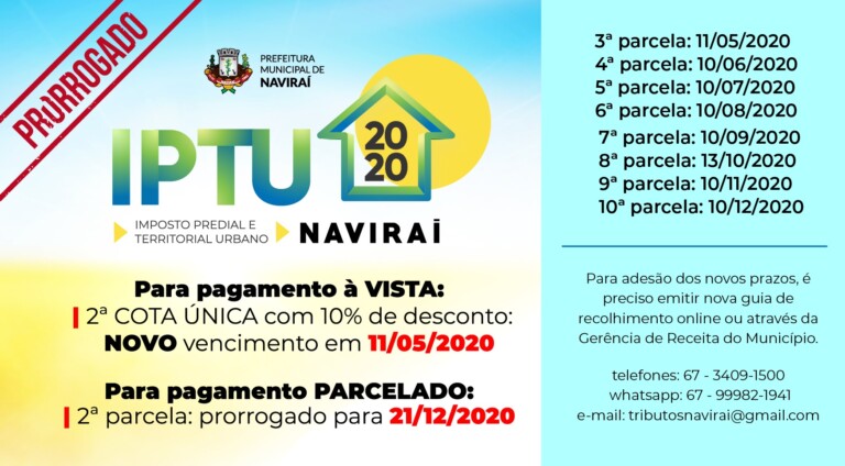 Prefeitura de Naviraí prorroga prazos para pagamento do IPTU 2020