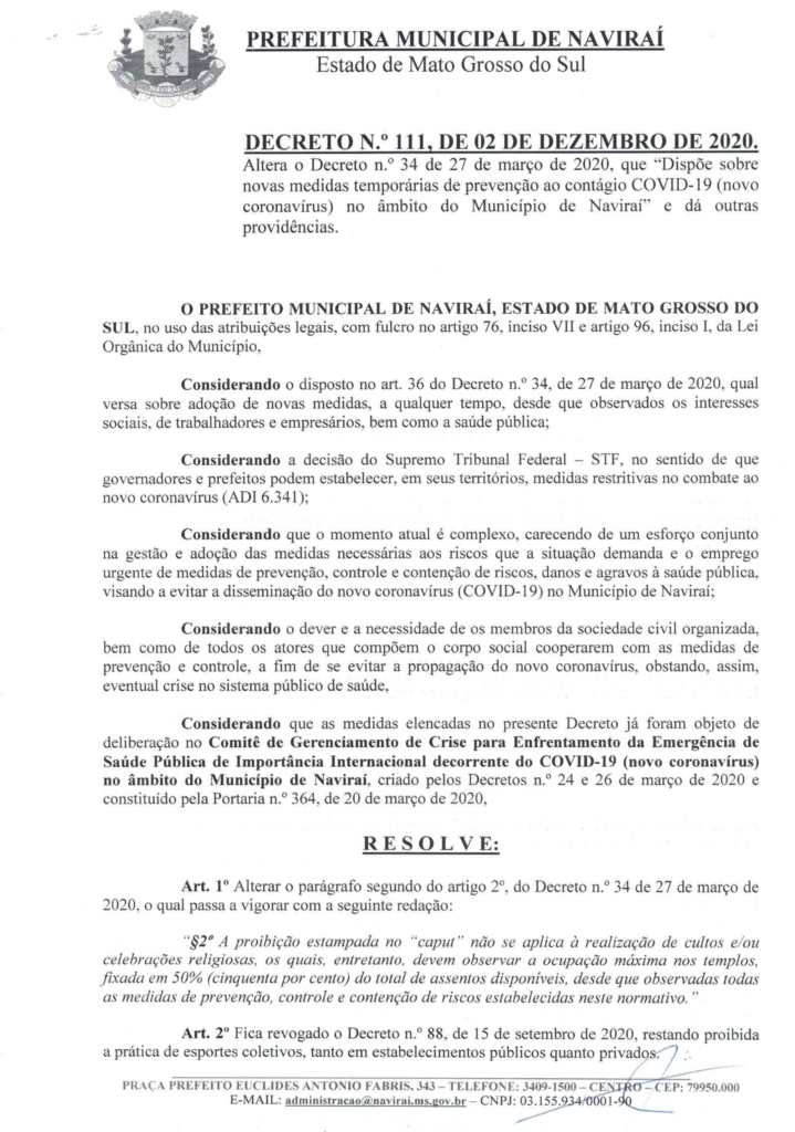 Imagem: Decreto de Nº 111 com medidas temporárias de proteção ao CONTÁGIO DA COVID-19, 2020 - Assessoria de Imprensa