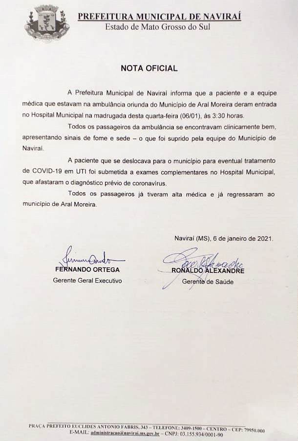 Prefeitura divulga Nota Oficial sobre passageiros de ambulância de Aral Moreira atendidos no Hospital Municipal