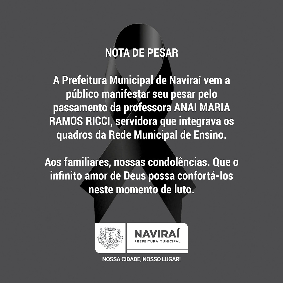 Prefeitura de Naviraí lamenta morte de professora