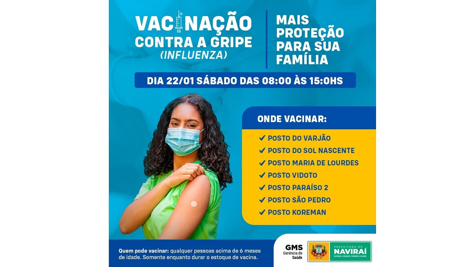 Naviraí fará vacinação geral contra a gripe influenza neste sábado, dia 22