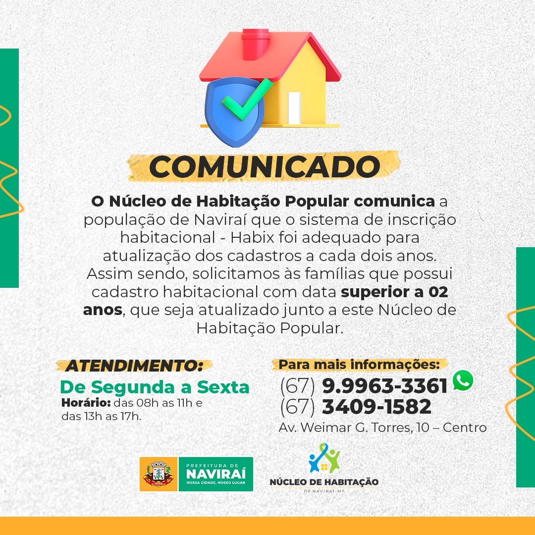 COMUNICADO: Cadastros habitacionais com mais de dois anos devem ser atualizados