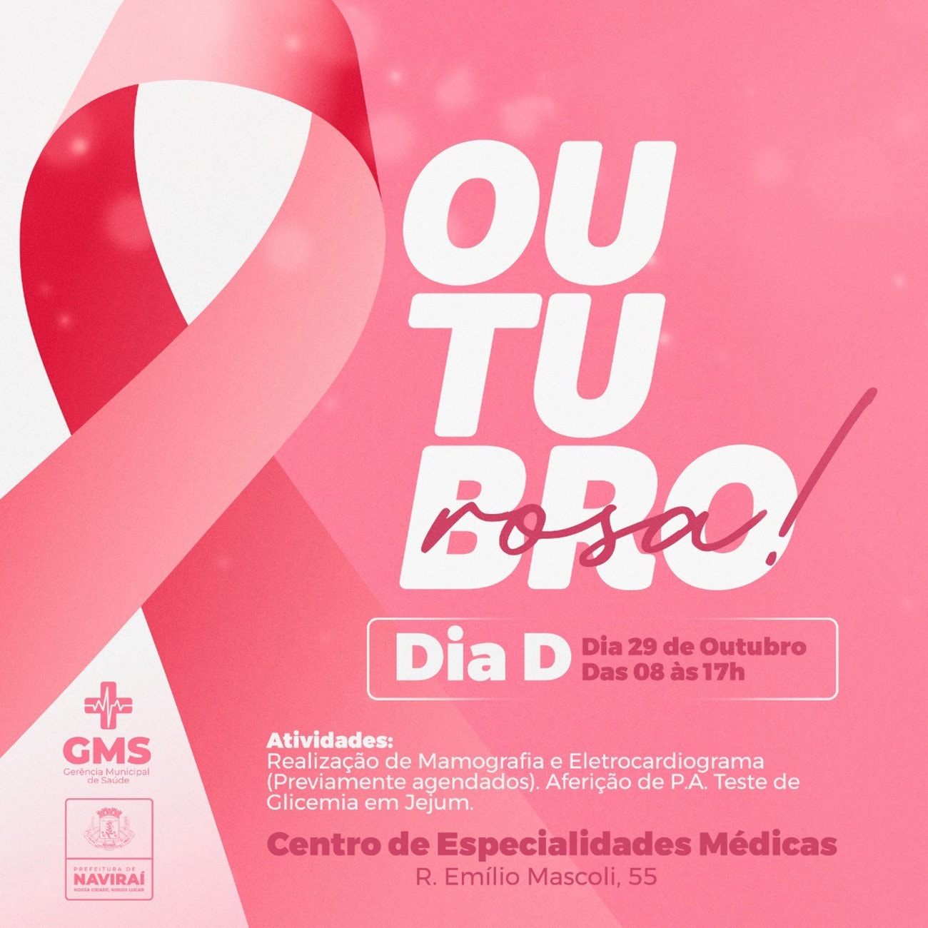 Saúde de Naviraí fará “Dia D” do Outubro Rosa no dia 29 com exames e atividades educativas