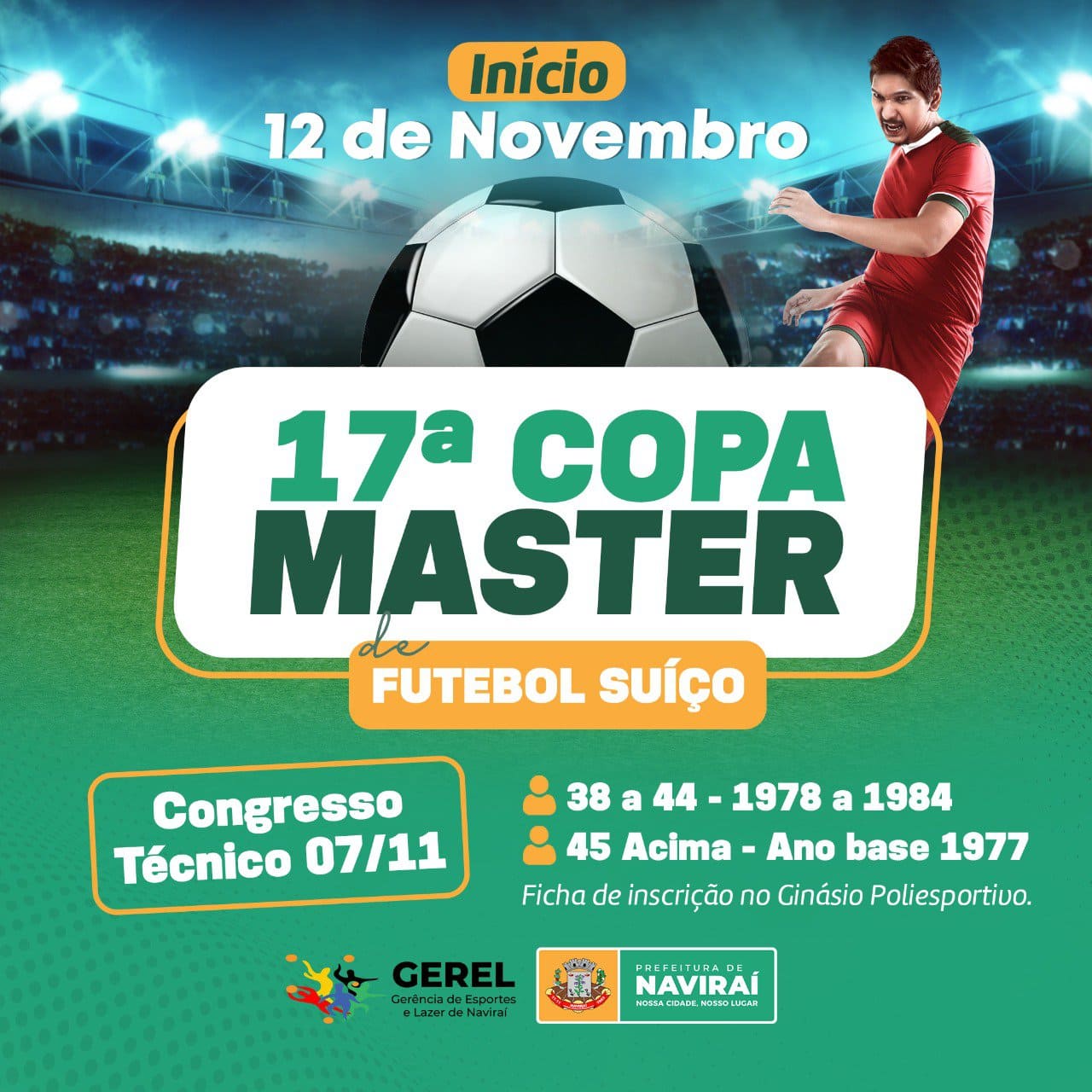 Gerência de Esportes abre inscrições para 17ª Copa Master de Futebol Suíço de Naviraí