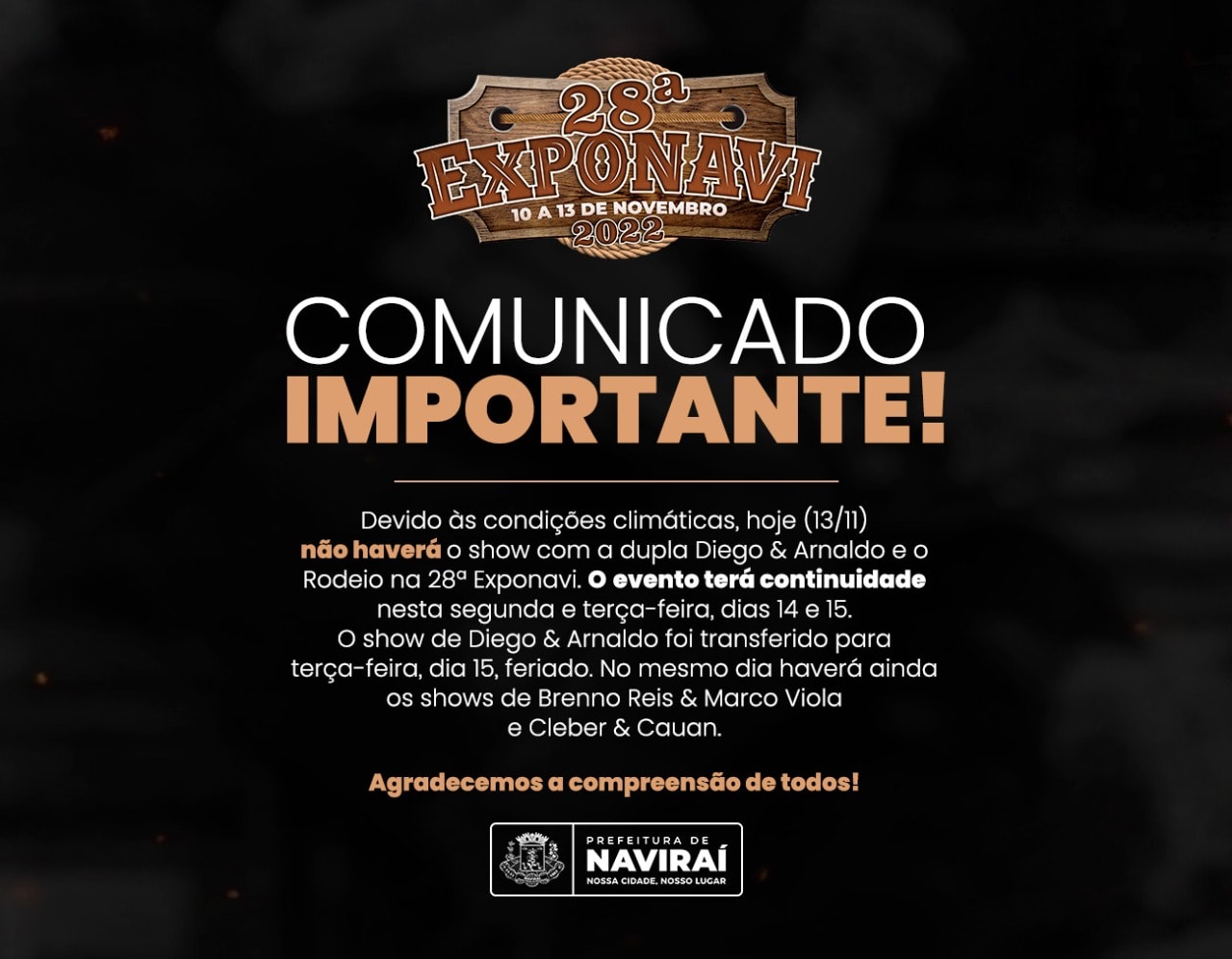 Devido às chuvas, Show de Diego e Arnaldo na 28ª Exponavi é transferido para terça-feira, dia 15