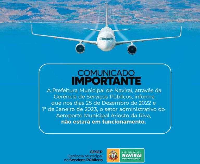 Setor administrativo do Aeroporto de Naviraí estará fechado no dia 25 de dezembro e 1º de janeiro