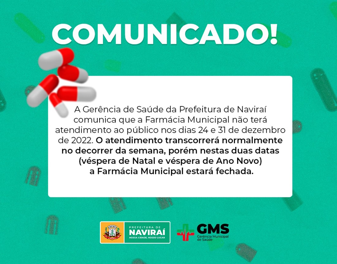 Farmácia Municipal não atenderá nas vésperas de Natal e Ano Novo
