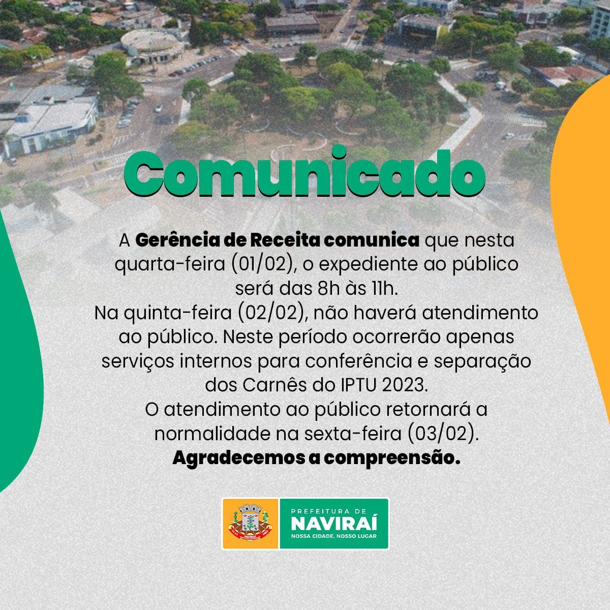 Gerência de Receita terá atendimento ao público até às 11h desta quarta e retornará a normalidade na sexta, dia 03