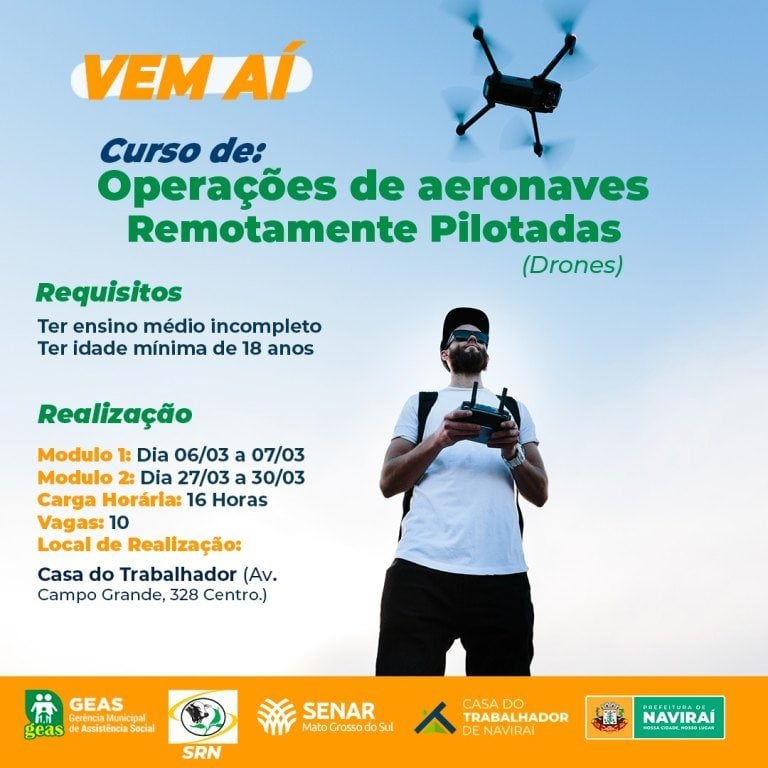 Casa do Trabalhador de Naviraí abre inscrições para curso de pilotagem de drone
