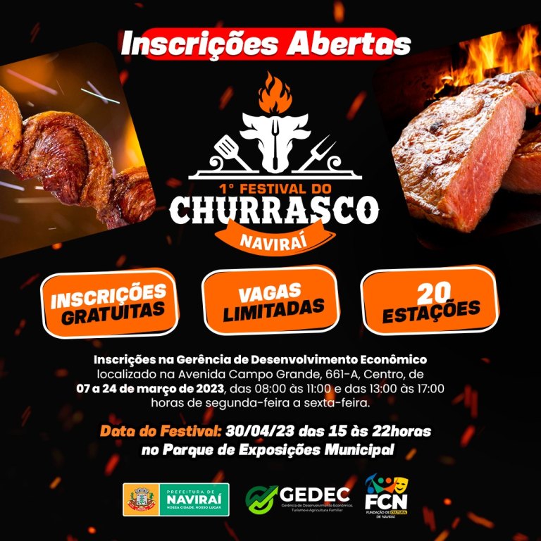 Prazo para inscrições no 1° Festival do Churrasco de Naviraí termina na sexta-feira, dia 24 de março