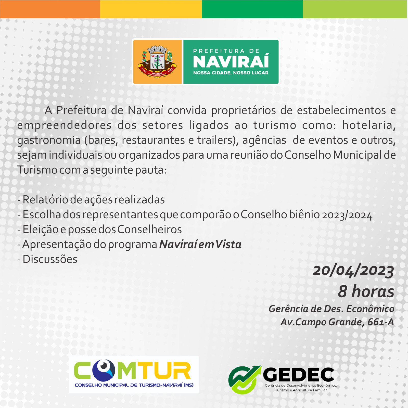 Conselho Municipal de Turismo de Naviraí fará reunião de escolha de conselheiros para o biênio 2023/2024