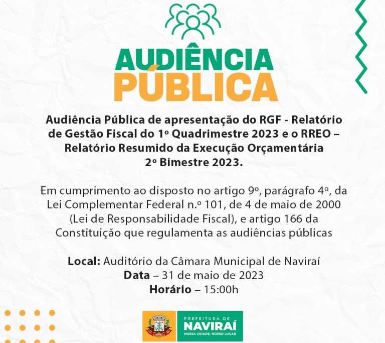 Prefeitura de Naviraí fará Audiência Pública de apresentação do RGF e RREO nesta quarta, 31 de maio