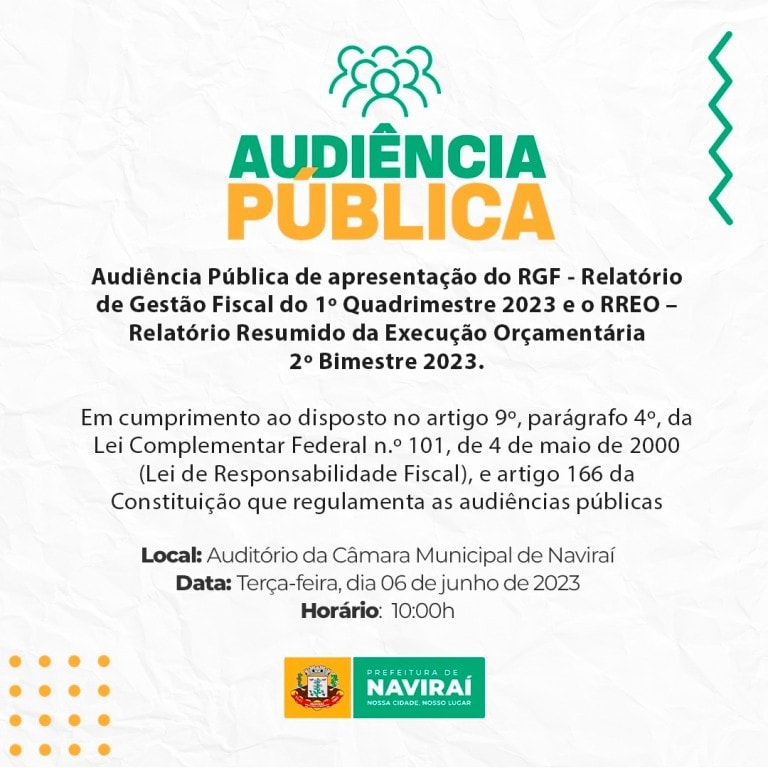 Prefeitura de Naviraí realizará Audiência Pública de apresentação do RGF e RREO