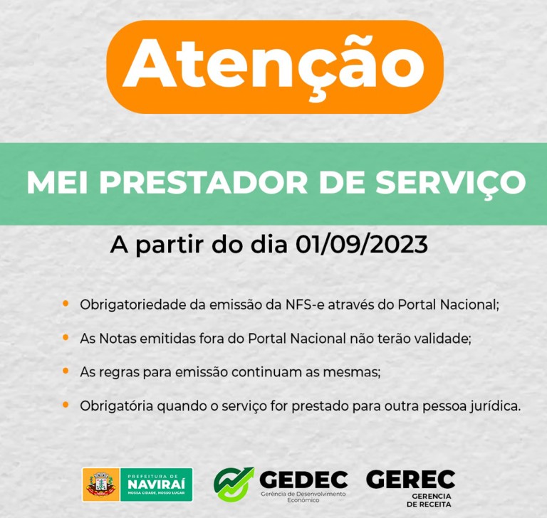 MEI DEVERÁ EMITIR NOTA FISCAL ELETRÔNICA NO PORTAL NACIONAL A PARTIR DE  HOJE (01/09) – Prefeitura de Brejo do Cruz - PB