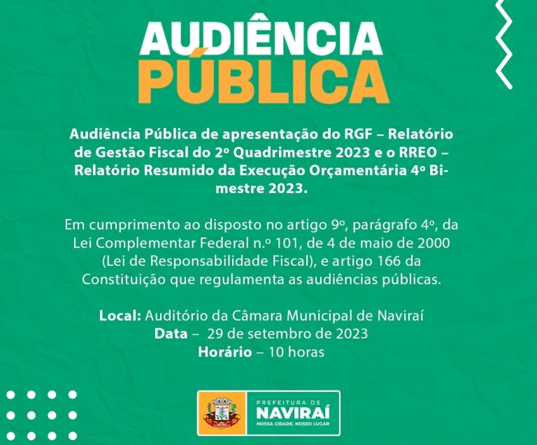 Prefeitura de Naviraí realizará Audiência Pública de apresentação do RGF e RREO no dia 29