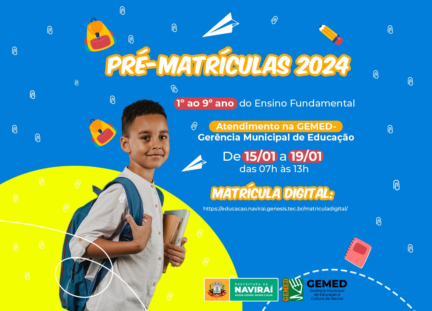 Educação de Naviraí receberá pré-matrícula do 1º ao 9º ano entre os dias 15 e 19 de janeiro