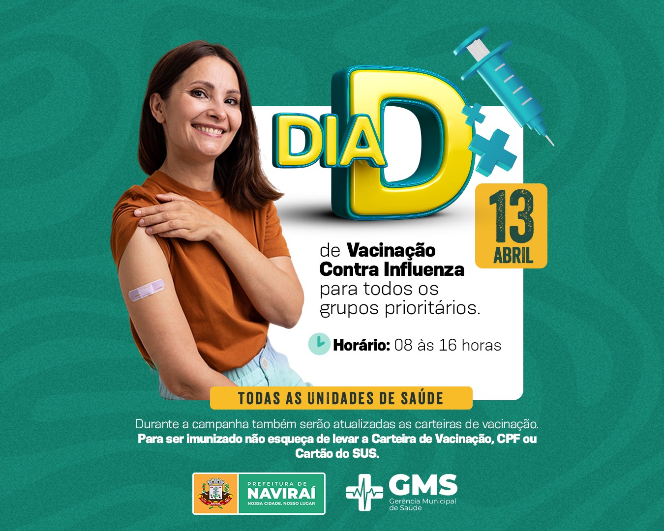 Dia D da vacinação contra a gripe será neste sábado em todas as Unidades de Saúde de Naviraí