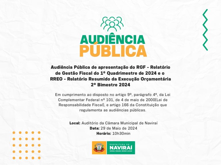 Prefeitura de Naviraí fará audiência pública de apresentação do RGF e RREO
