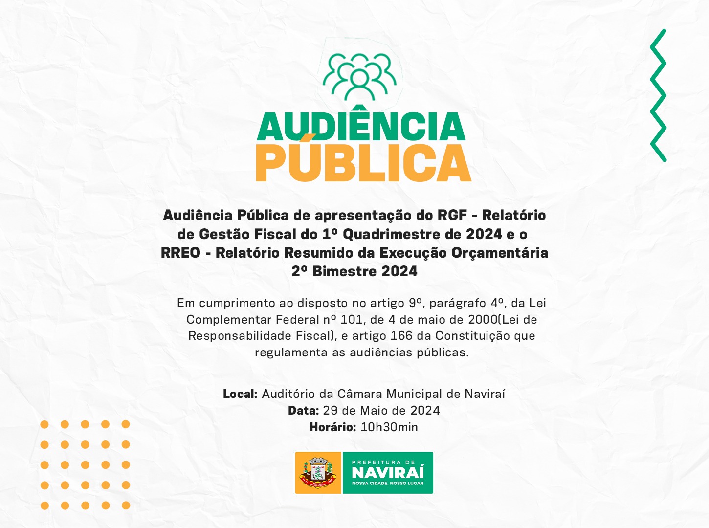 Prefeitura de Naviraí fará audiência pública de apresentação do RGF e RREO