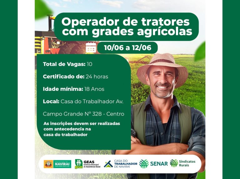 Prefeitura de Naviraí abre inscrições para curso de Operador de Tratores Agrícolas
