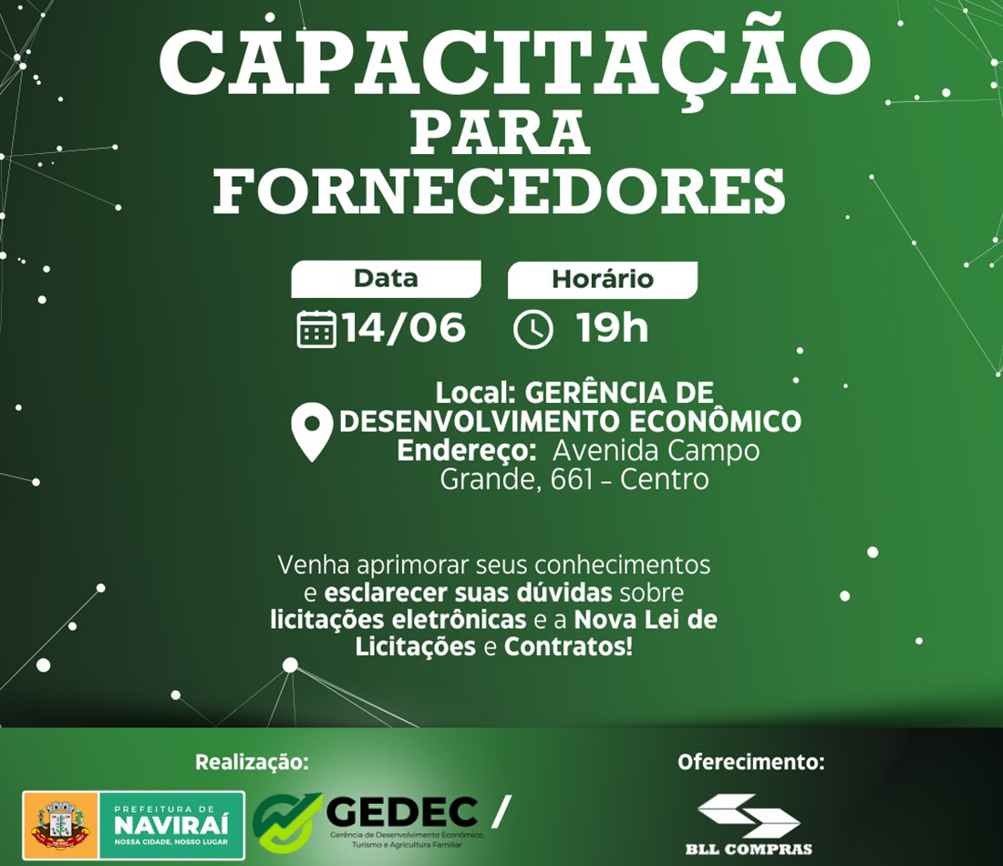 Prefeitura de Naviraí promoverá capacitação para fornecedores na sexta às 19h na GEDEC