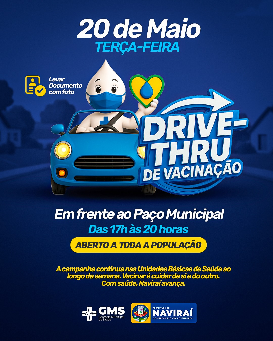 Prefeitura realiza Drive-Thru de Vacinação contra a Gripe nesta terça-feira (20), em frente ao Paço Municipal
